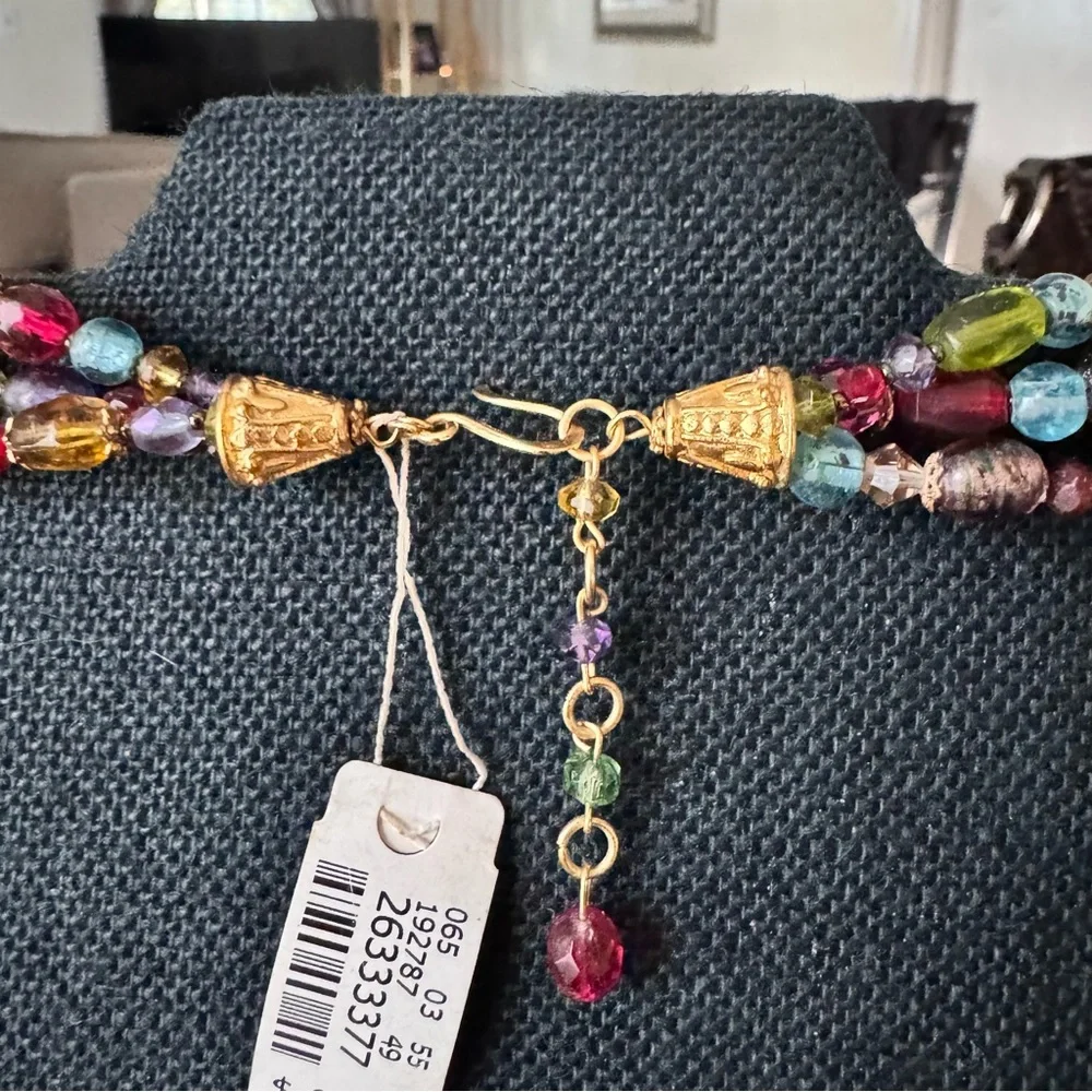 VTG Czech Multicolor 16” Glass Bead 3 Strand Necklace‎ Gold Accents Boho Chic